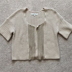 LOFT Beige Crop Cardigan with Gold Thread Detail
